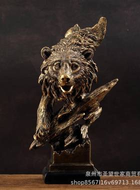 美式仿古铜头创砂岩狼头意居家装饰狼艺品办公桌书房雕工塑摆家件