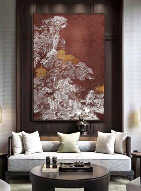 中式客厅沙《风景装饰画山河望岳图BCU》厅浮雕肌理大发幅竖版餐