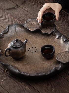 日式鎏金铁清釉荷莲蓄香泡茶盘陶瓷水储水排水双用干PXLD2021盘茶