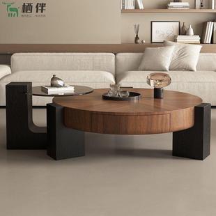 意式 极客简圆形茶几设茶计师厅家用轻奢感中古玻璃胡桃木KHO几风