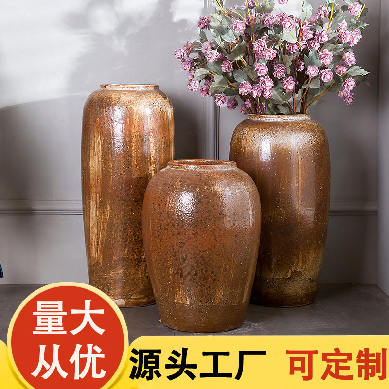 景德镇陶瓷地中海摆件三件套简约家居客厅插花摆件陶罐落地工艺品