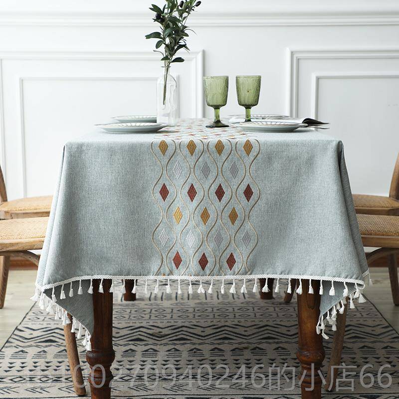 高档花北欧长方桌布高级感棉麻绣台布艺茶几布餐桌现代简约刺形绣