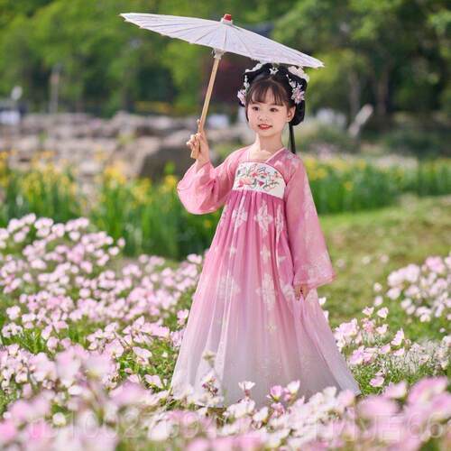 高档汉服女童新款儿童洋台装公主表裙演古装仙女绝服美绿色舞演出