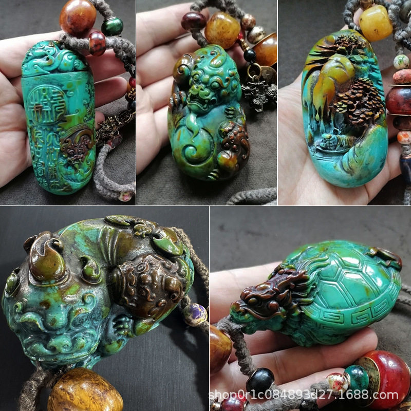古玩复古包浆五帝铜钱配饰绿松石雕刻龙龟手把件貔貅山水龙手抓件
