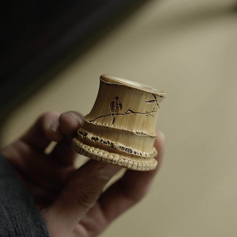 全手工竹雕盖置1置竹中式盖托茶件茶道配紫砂壶茶器铁壶盖承置日