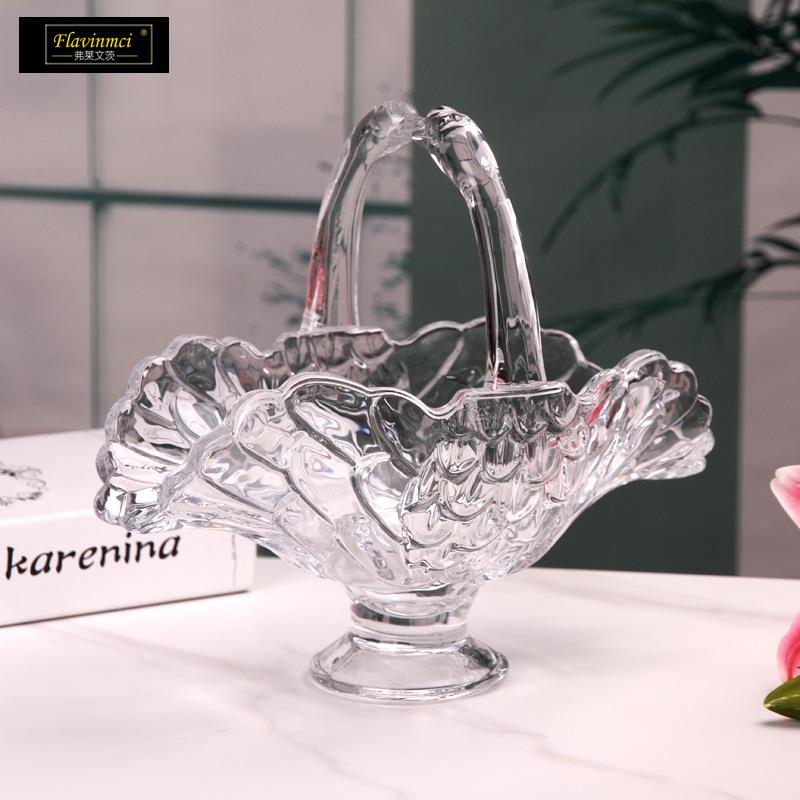 水弗莱5565文茨天鹅晶果玻璃果盘手提果送篮礼盘家用客厅彩绘水果