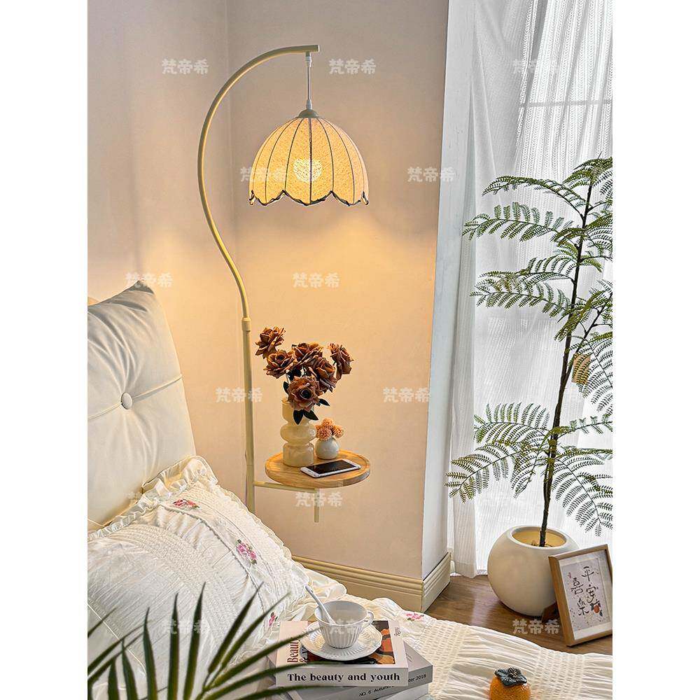 664法式奶油感风落地灯客厅沙?发旁边几灯置物架一体围卧室床头氛