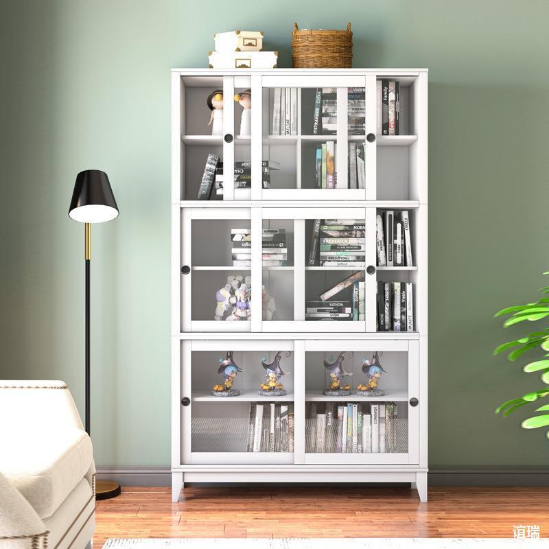 推拉门书柜带玻门客厅展地示柜收纳一璃体靠落移门书橱实EBZ墙木