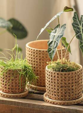 肉复古仿编水织格子泥阳小花盆带托盘客厅家居室内种多花器LF6592