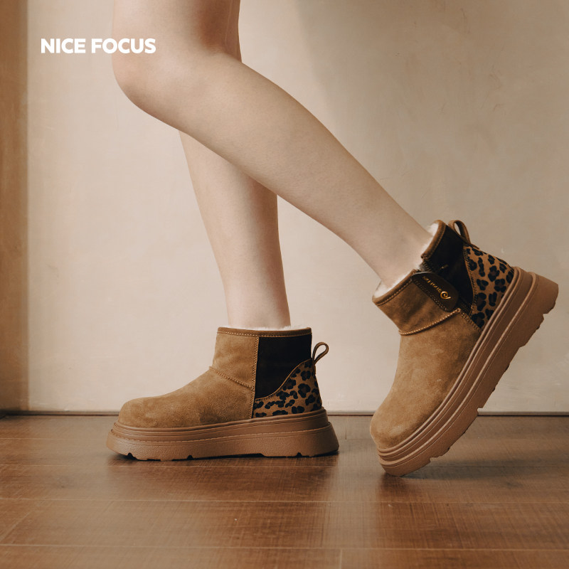 NiceFocus雪地靴女牛麂皮复古