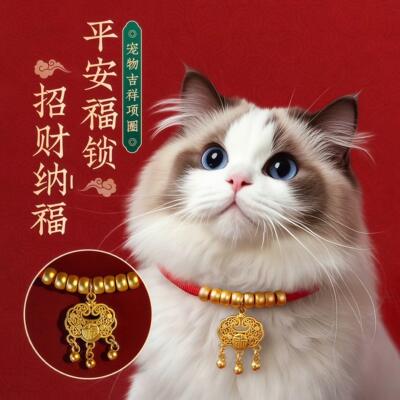 猫项圈富贵长命锁高颜值宠物金锁项链无声铃铛猫咪配饰狗脖子挂饰