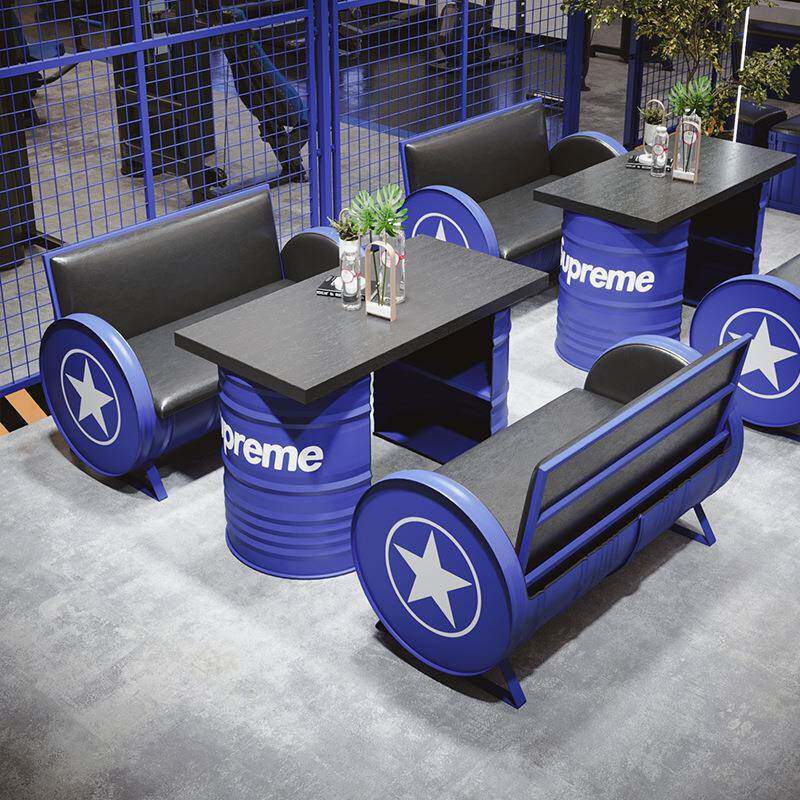 店餐厅酒吧卡座沙发吧复古工902业风铁艺清火餐桌锅油桶桌椅组合