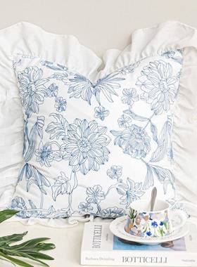 法式田园沙发靠荷绣叶边枕蓝色小清新花卉刺枕VWC棉布绣花靠抱垫