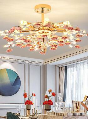 客厅灯朵田园蓝色花水晶女生主54763卧室色吸顶灯新款粉花型灯具