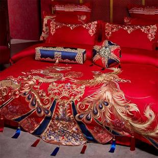 高端12支全棉刺绣长绒棉婚0庆件套纯棉提花红色陪嫁床大上四111用