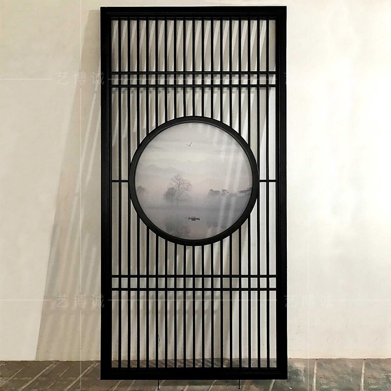 不锈钢玻璃屏风中式玄关山水画新中式拉丝黑钛不锈钢屏风隔断