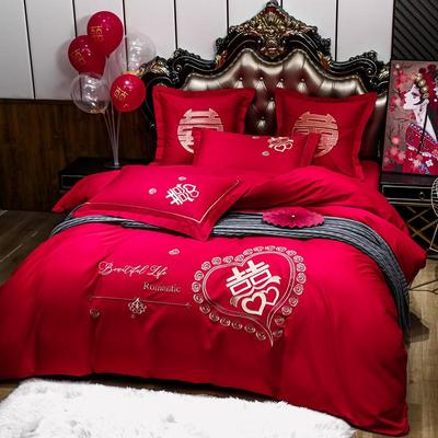 棉高用端婚庆XLX四件套全婚被套大红色简约刺结绣新婚礼房床单床