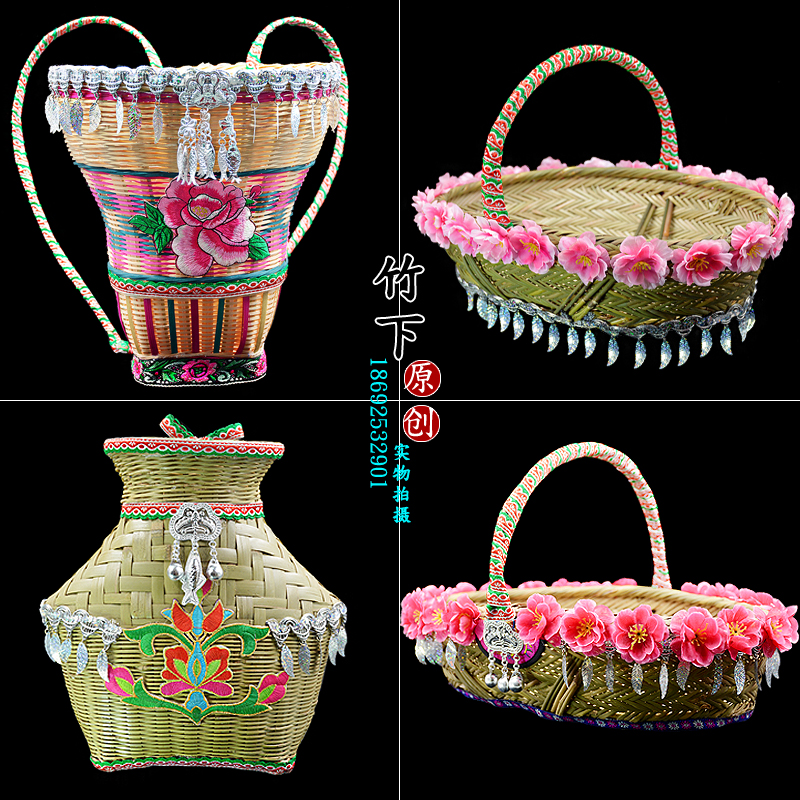 民族创意风手工编织竹制品竹背篓竹篮子手提篮舞蹈道具小背篼竹编