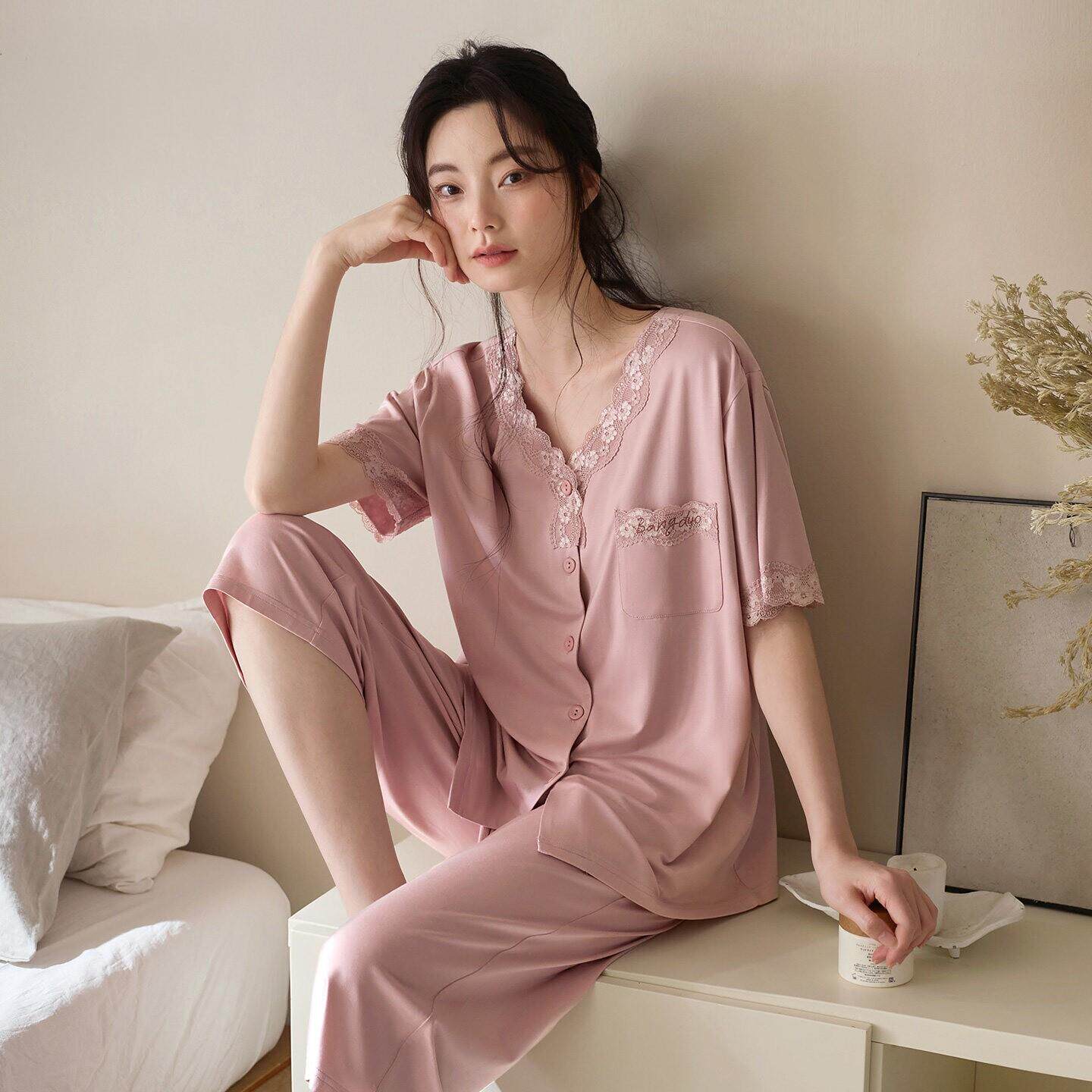 睡衣女士夏季莫代尔短袖七分裤薄款休闲松弛感中年妈妈冰丝家居服