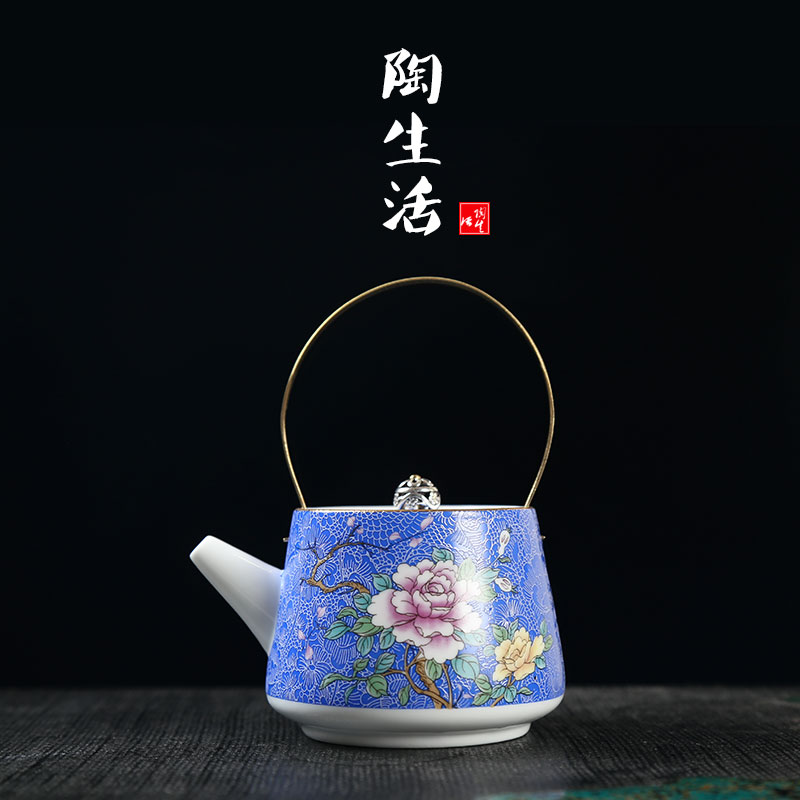 扒花茶壶手绘粉彩描金茶具提梁壶茶杯品茗杯功夫茶具青花陶瓷茶壶