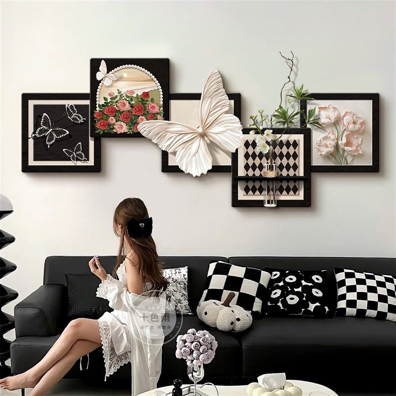 法式复古客厅装饰画简约中古风沙发背景墙挂画水培绿植蝴蝶壁灯画,家居饰品,氛围画/灯画,淘宝优惠券,粉丝福利购,淘宝优惠卷