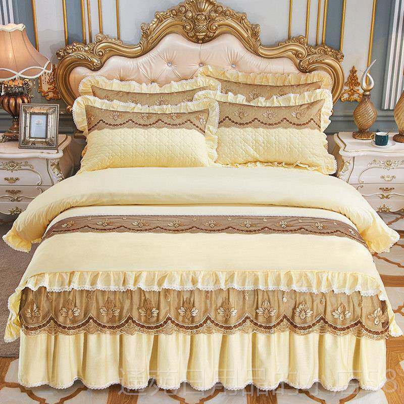 正品欧式结婚全棉四刺绣棉床裙件套大红色加纯棉被套夹厚蕾丝花边