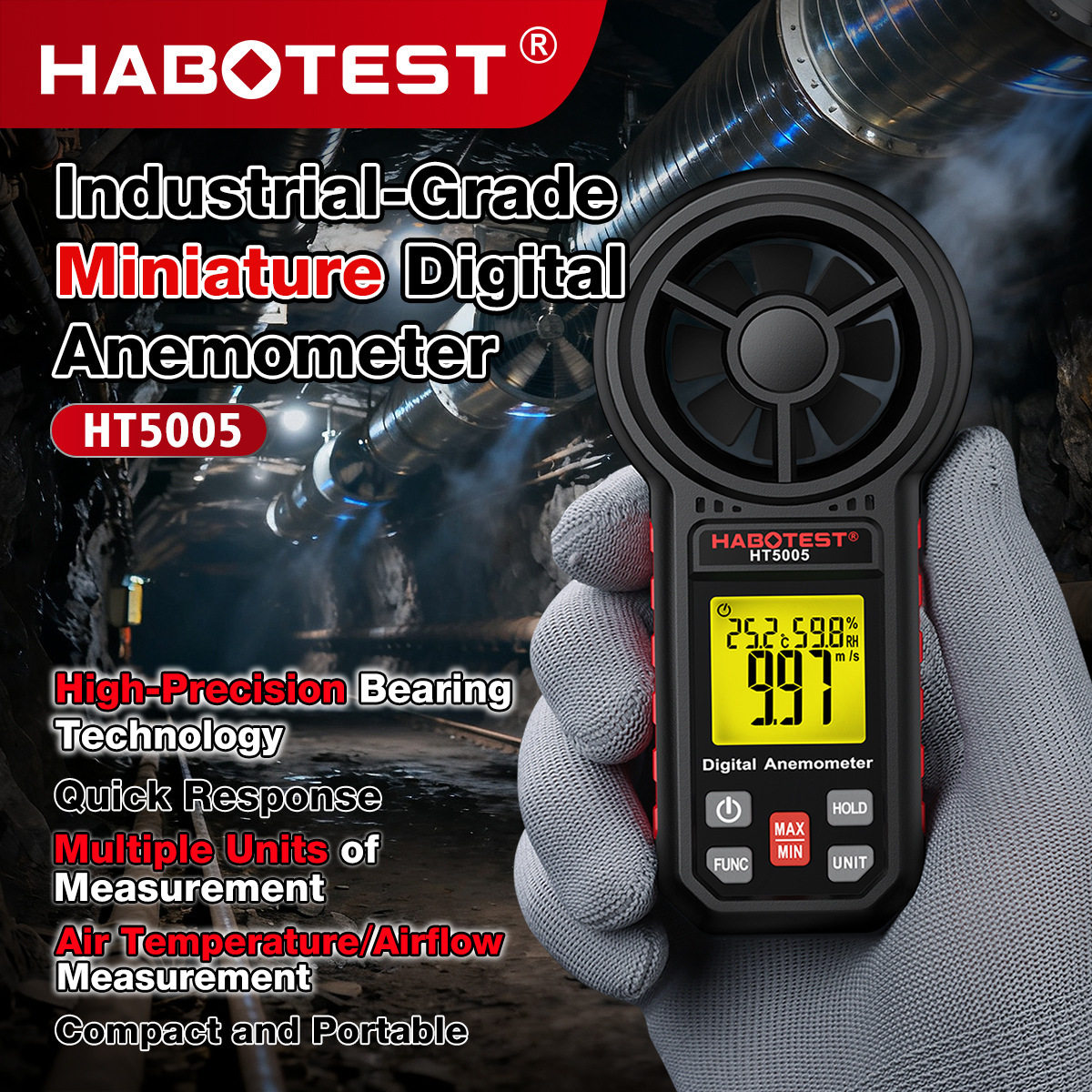 HABOTEST工厂店HT5005迷你风速计风向风速数字风速仪湿度温度测试