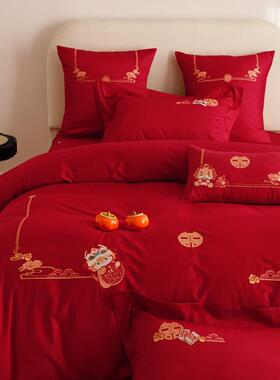 高现代婚庆刺绣喜庆龙结婚20230110大床红品年限定端纯棉长绒棉四