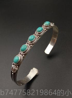 正品印度尼泊尔手工2饰5银品镶嵌绿松石手镯女覆手环 9开口古民族
