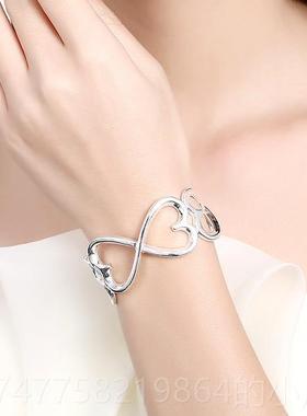 正品新年镯礼物 珍925纯银双心扉开口手镯 时韩尚银手饰品女藏银