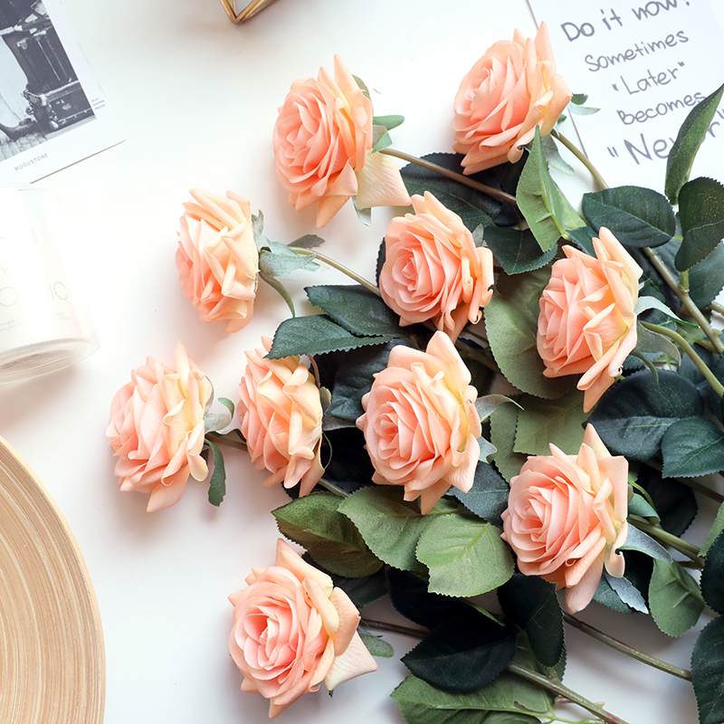 仿真玫瑰花客厅摆件高品质出口家居保白假花束室内绢花湿感牡丹花