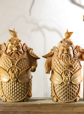 黄杨木雕门神哼哈二将摆件