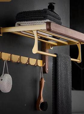 浴巾架11709间毛巾架免孔浴室置物生架实木壁挂折叠收纳太空铝打