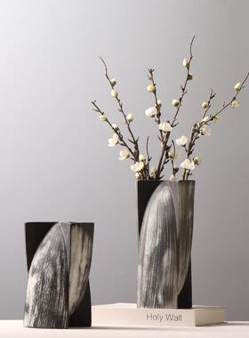 中古插陶瓷花瓶手工刮痕做旧复古创意OYV花装饰品茶黑白拼色摆件