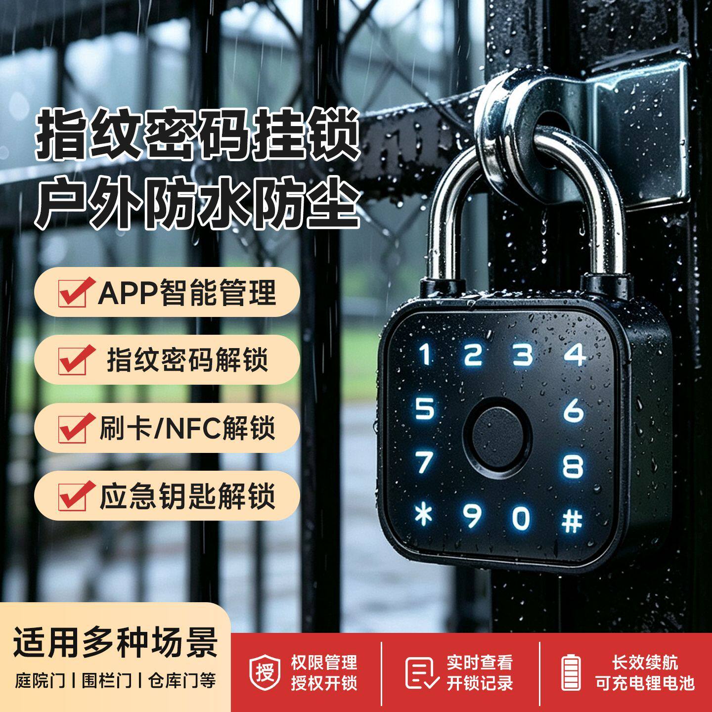易锁宝指纹密码挂锁锁门户外防水防尘家用挂锁智能指纹挂锁头钥匙