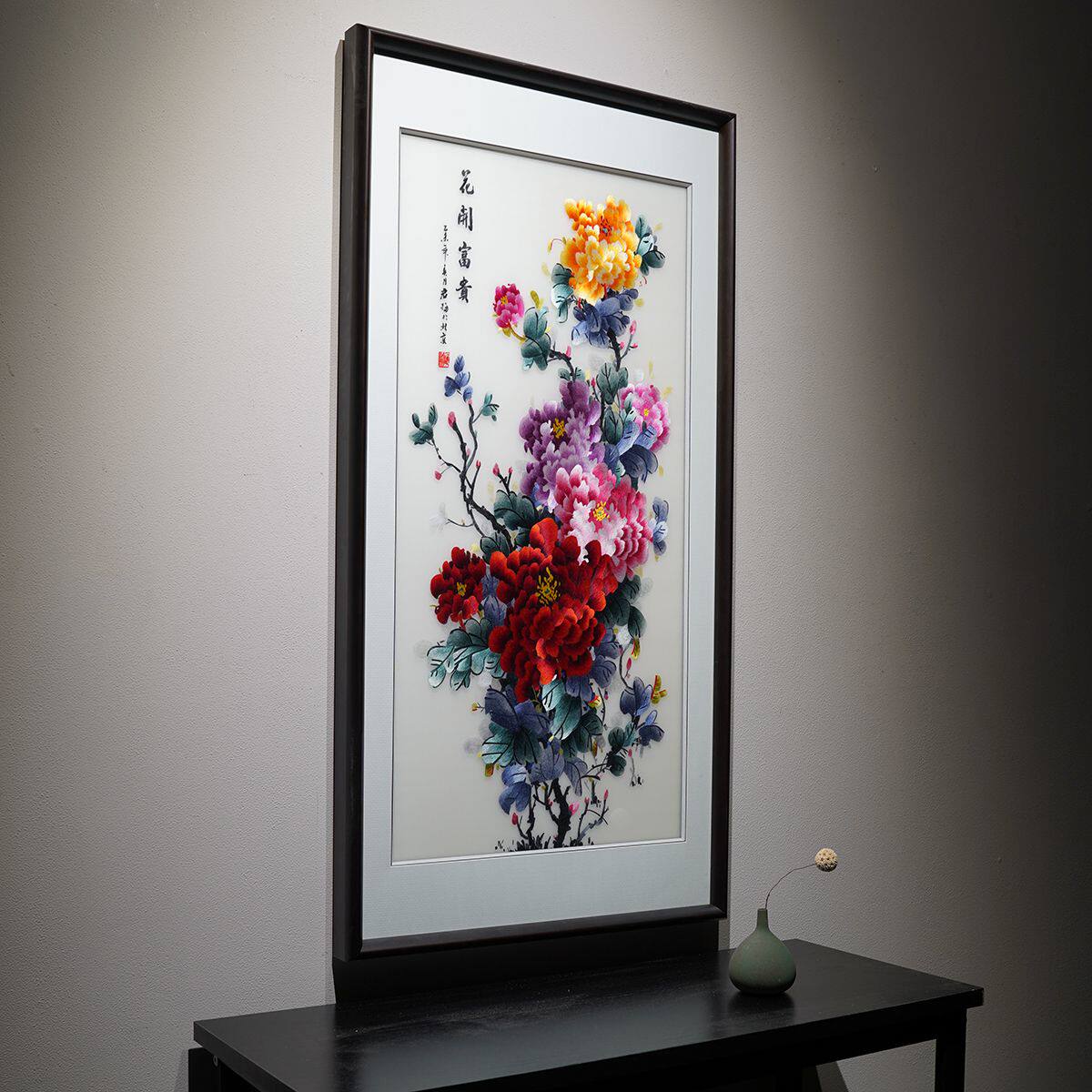 纯手工苏绣精品花开富贵牡丹竖版客厅中式玄关中国风成品刺绣挂画