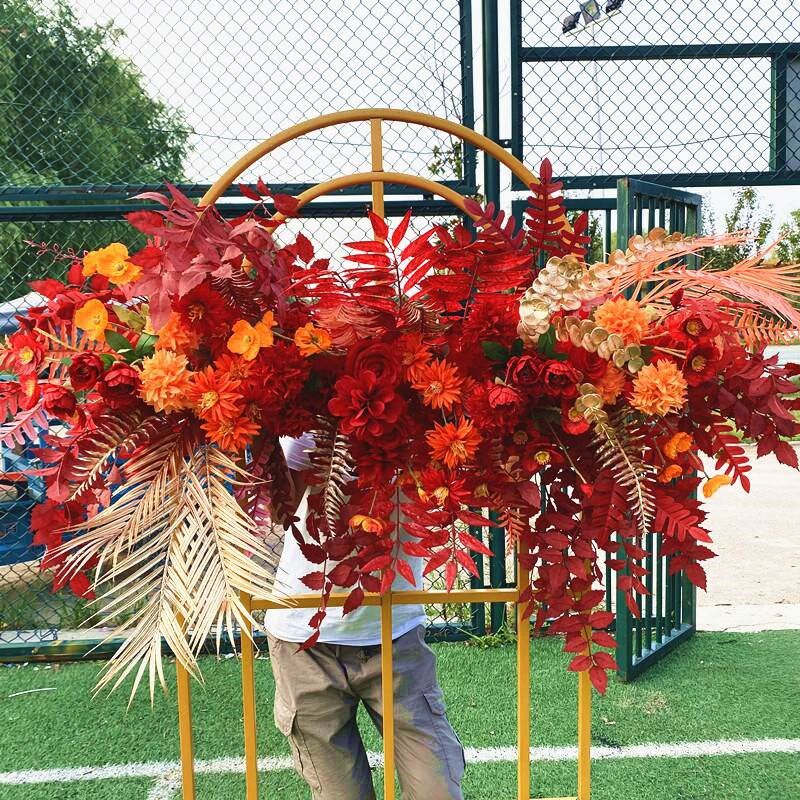 新款婚庆花排红色香槟色蓝色排花森系婚礼舞台装饰花艺摆件路引花