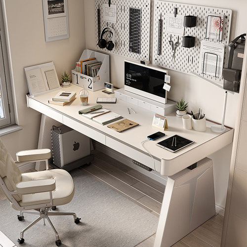 【国内发货】wzo电动升降电脑桌实木马鞍皮书桌岩板奶油风办公桌