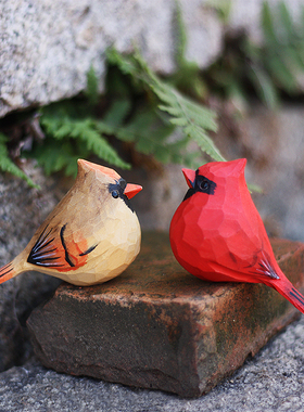 鹿妖商店 肥啾鸟木雕 北美主红雀 情侣小胖鸟 红鸟纯手工实木摆件