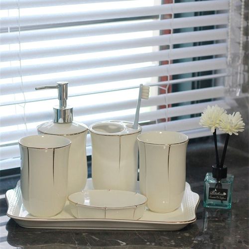 浴室用品洗漱五件套配托盘高档陶瓷洁具欧式现代卫生间刷牙漱口杯