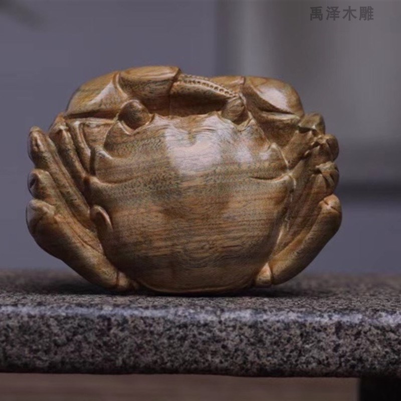 绿檀木雕螃蟹手把玩件实木雕刻八方来财工艺品文玩招财装饰小摆件