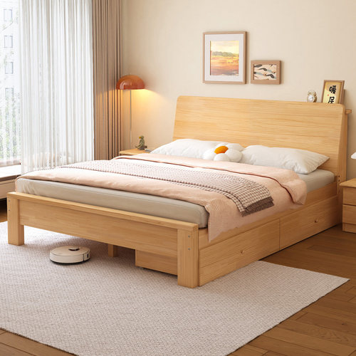 全实木床简约现代出租房用单人床1米2家用1.5米双人床1.8储物大床