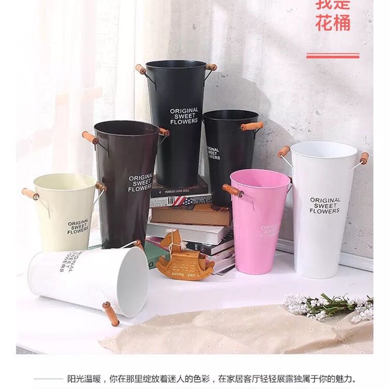 鲜花干花花束复古做旧插花桶花盆铁皮桶田园家居饰品花器客厅卧室
