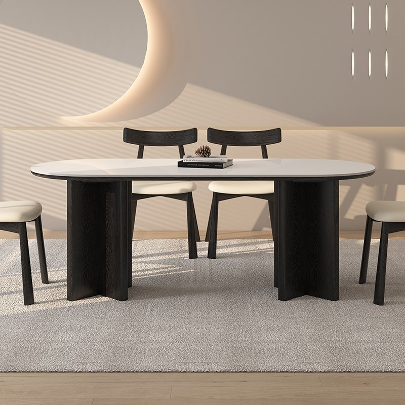 德利丰实木岩板餐桌家用高级感黑色中古风白蜡木椭圆小户型饭桌子