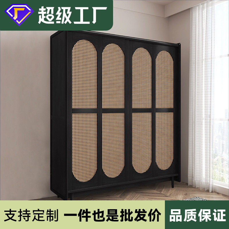 复古风实木推拉门衣柜家用卧室小户型衣服收纳柜子储物柜藤编衣橱