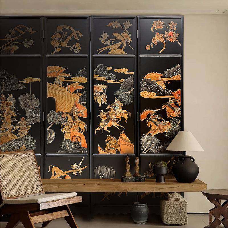 侘界客CJ-086手绘漆法式中国风古屏风厅隔断实画木折屏卧室背中景