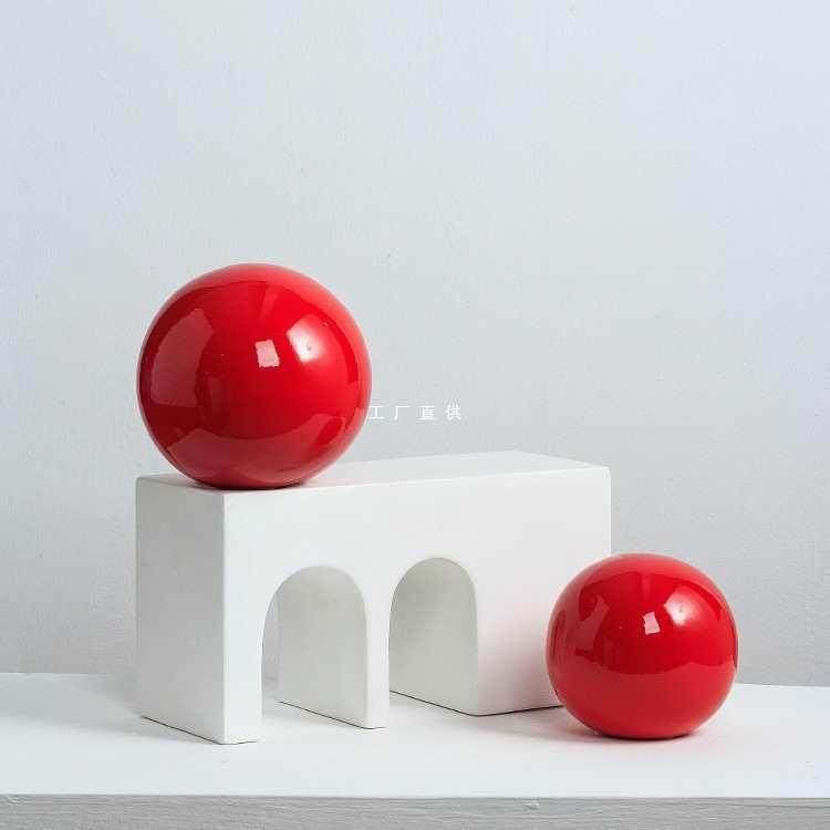 红色圆球摆形件简约家彩居陶色瓷球摆设酒店样F8758JHS板房展厅茶