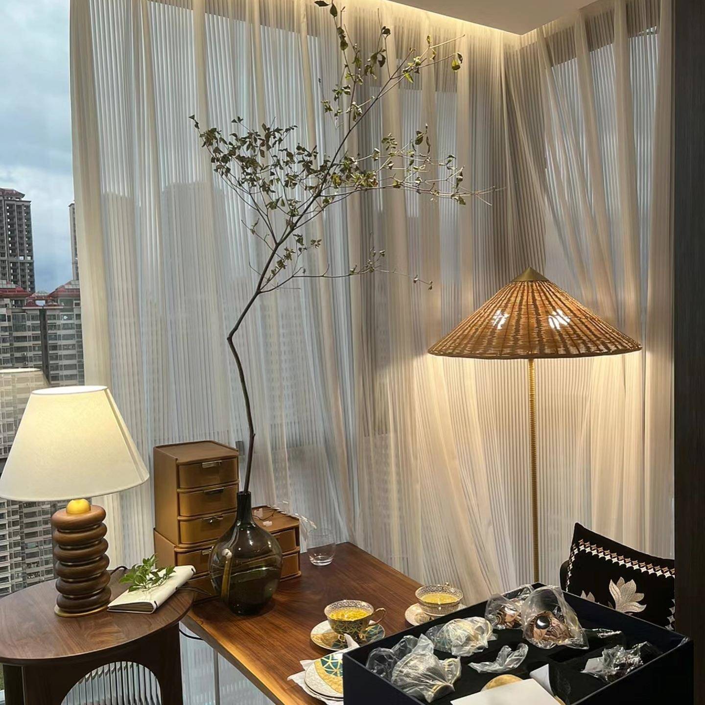 蜡黑板胡桃大茶桌白木木阳台桌茶桌客厅悬浮书桌工OHB作泡茶桌中