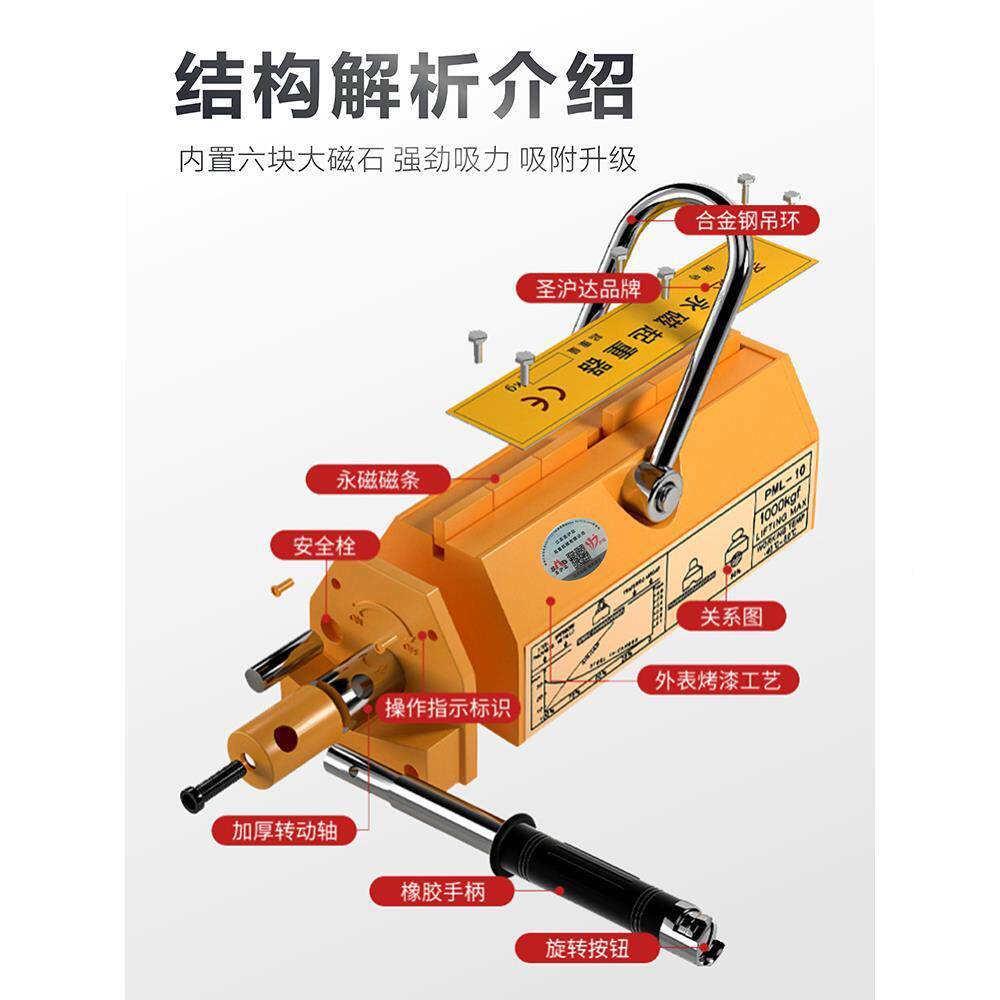 5圣沪达永磁起重器磁/力吊4006强00KG吸盘1/2T3NTM/吨磁铁圆钢板
