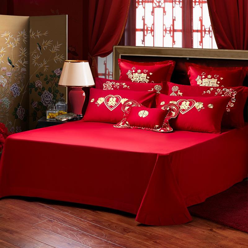 高档中大式结婚四绣件HZY-230套单红色床被套纯棉喜被龙凤刺婚庆
